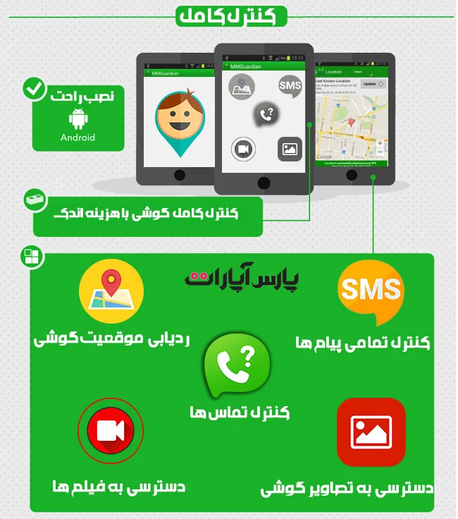 دانلود برنامه ردیابی و کنترل مخفیانه گوشی،تماسها،پیامها،عکس و فیلم ها از راه دور -برنامه نظارت بر خانواده-Android spy